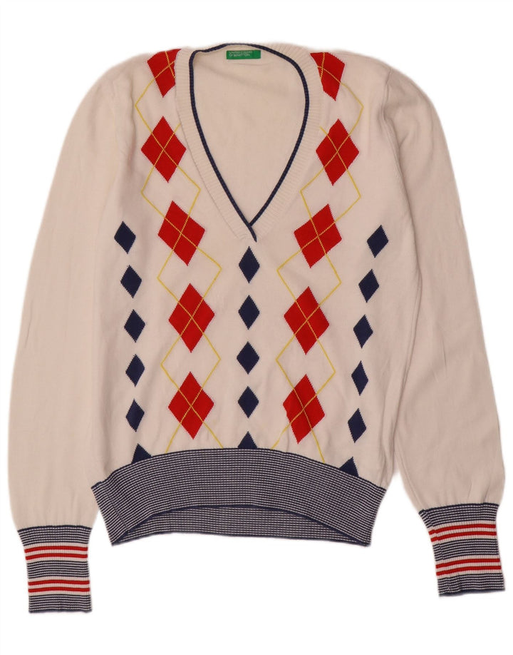Benetton Damen-Pullover mit V-Ausschnitt, Gr. 40, Größe L, weiß, Argyle/Diamant