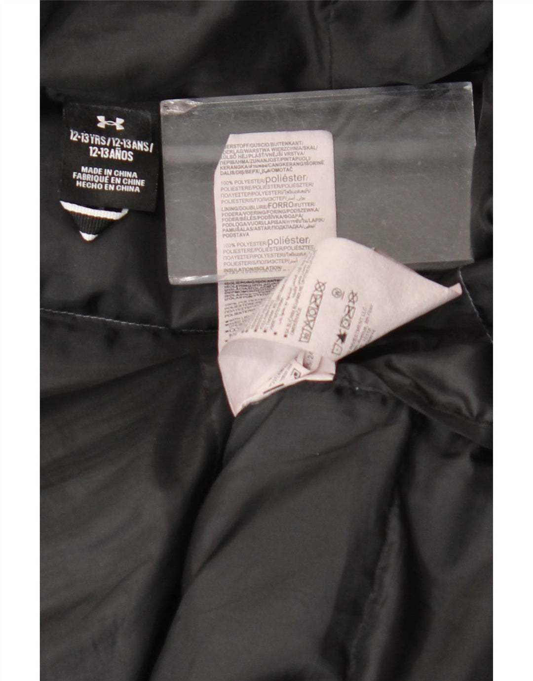 Under Armour Jungen gepolsterte Jacke mit grafischer Kapuze, 12–13 Jahre, graues Farbblockdesign