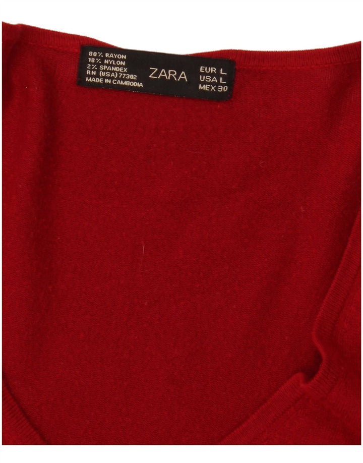 Zara Damen-Pullover mit V-Ausschnitt, UK 14, Größe L, roter Rayon
