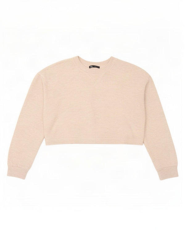 Zara Damen Crop Oversized Top Langarm UK 10 Small Beige Polyester