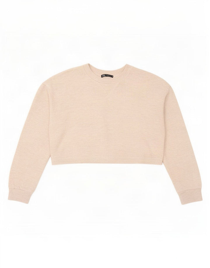 Zara Damen Crop Oversized Top Langarm UK 10 Small Beige Polyester