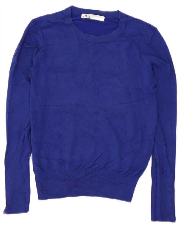 Zara Damen Crop Crew Neck Pullover Pullover UK 12 Mittelblau