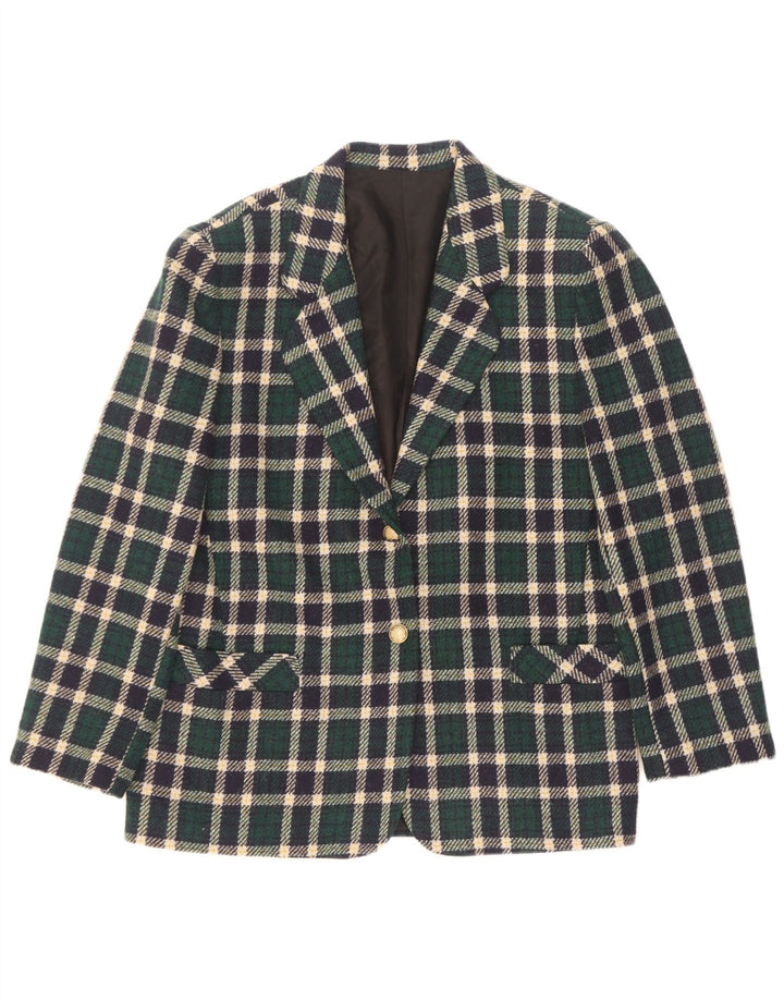 Vintage Damen 2-Knopf-Blazerjacke IT 44 Mittelgrün karierte Wolle