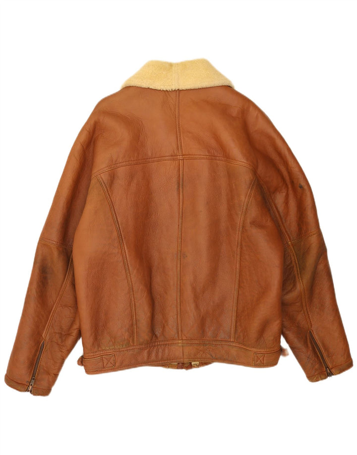 Vintage Herren Shearling Jacke IT 54 2XL Braunes Leder