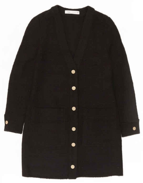 Zara Damen Longline 3/4-Ärmel-Cardigan-Pullover UK 6 XS Schwarz kariert