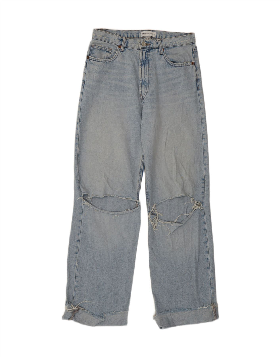 Zara Damen Distressed High Waist Jeans EU 40 Medium W30 L31 Blau