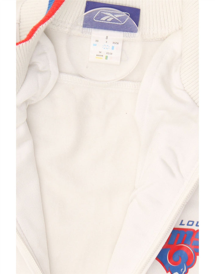 REEBOK Womens St. Louis Rams Graphic Tracksuit Top Jacket UK 8 Small White Vintage Reebok and Second-Hand Reebok from Messina Hembry 