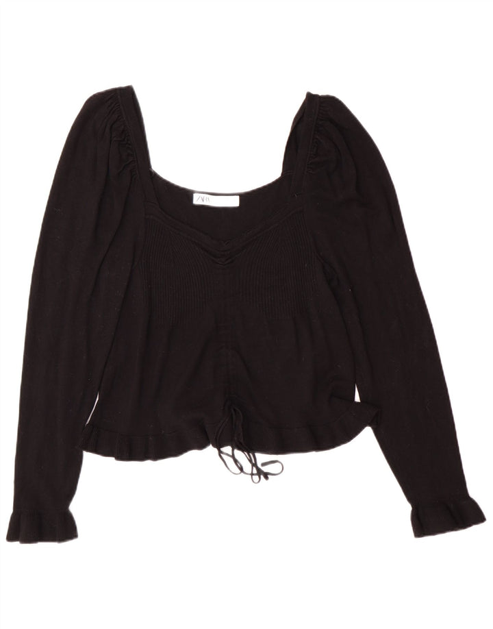 Zara Damen Crop Top Langarm UK 14 Große schwarze Viskose