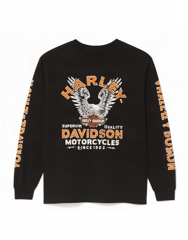 Harley Davidson Herren-Oberteil mit Grafik, langärmelig, groß, aus schwarzer Baumwolle