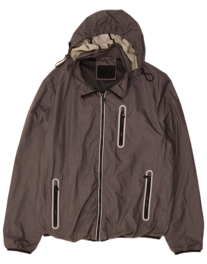 Calvin Klein Mens Graphic Hooded Rain Jacket UK 40 Large Grau Polyester