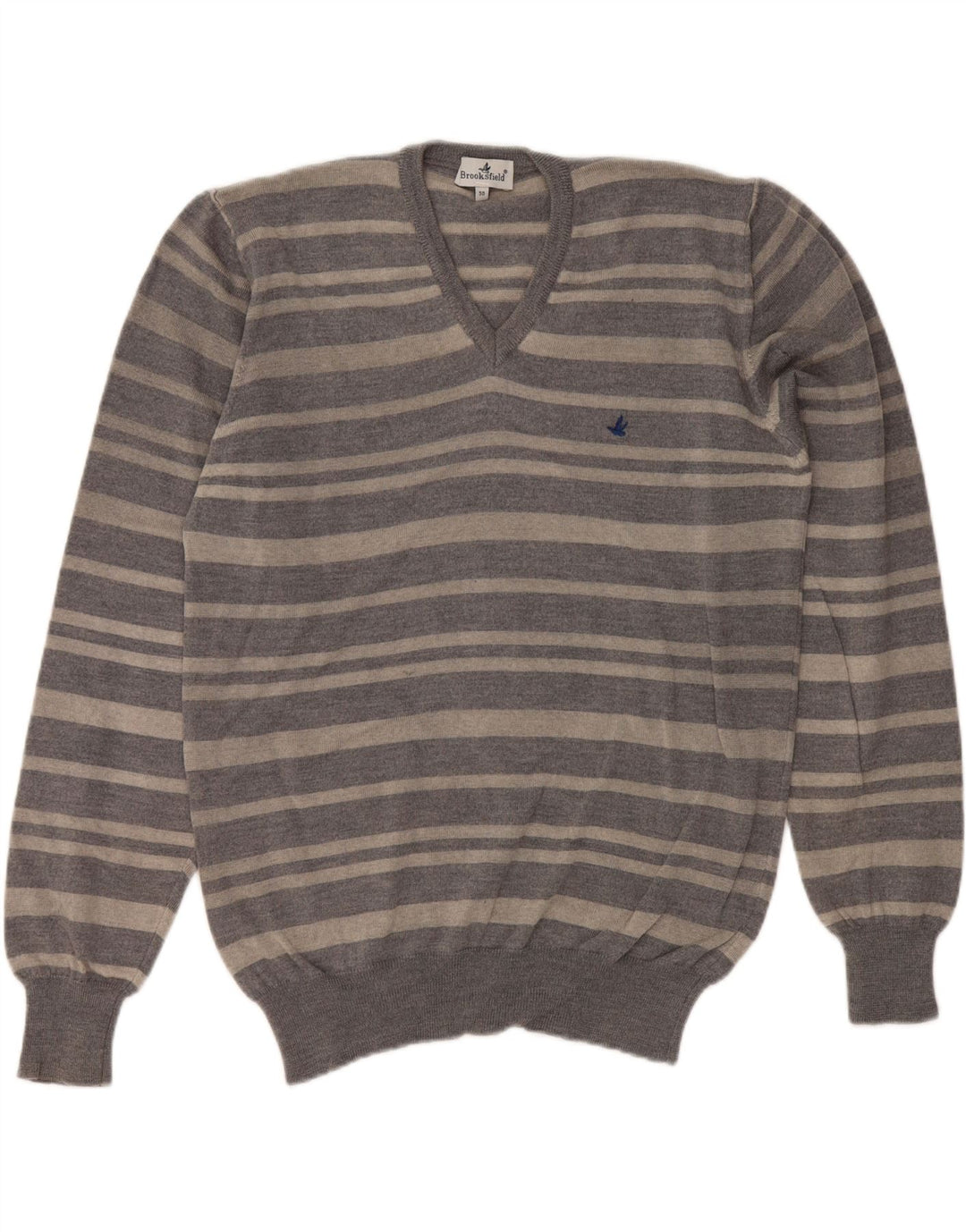 BROOKSFIELD Mens V-Neck Jumper Sweater IT 50 Medium Grey Striped Wool Vintage Brooksfield and Second-Hand Brooksfield from Messina Hembry 