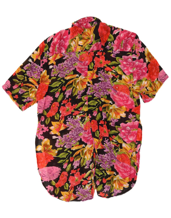 Vintage Womens Short Sleeves Shirt Dress UK 16 Large Black Floral Viscose