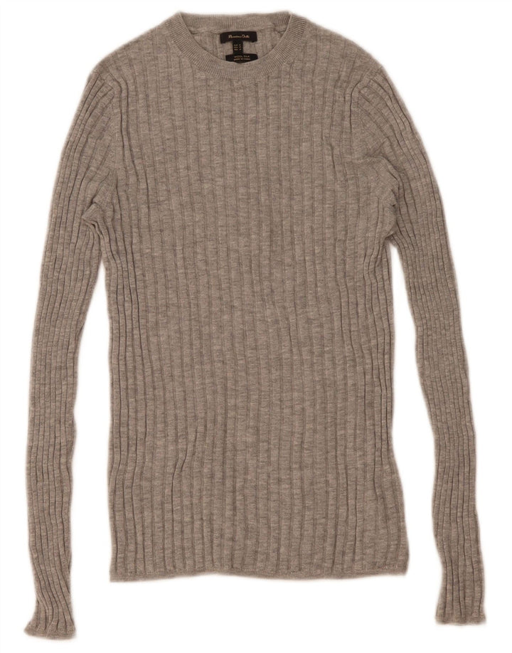 Massimo Dutti Damen-Pullover mit Rundhalsausschnitt, UK 12, mittelgraue Wolle