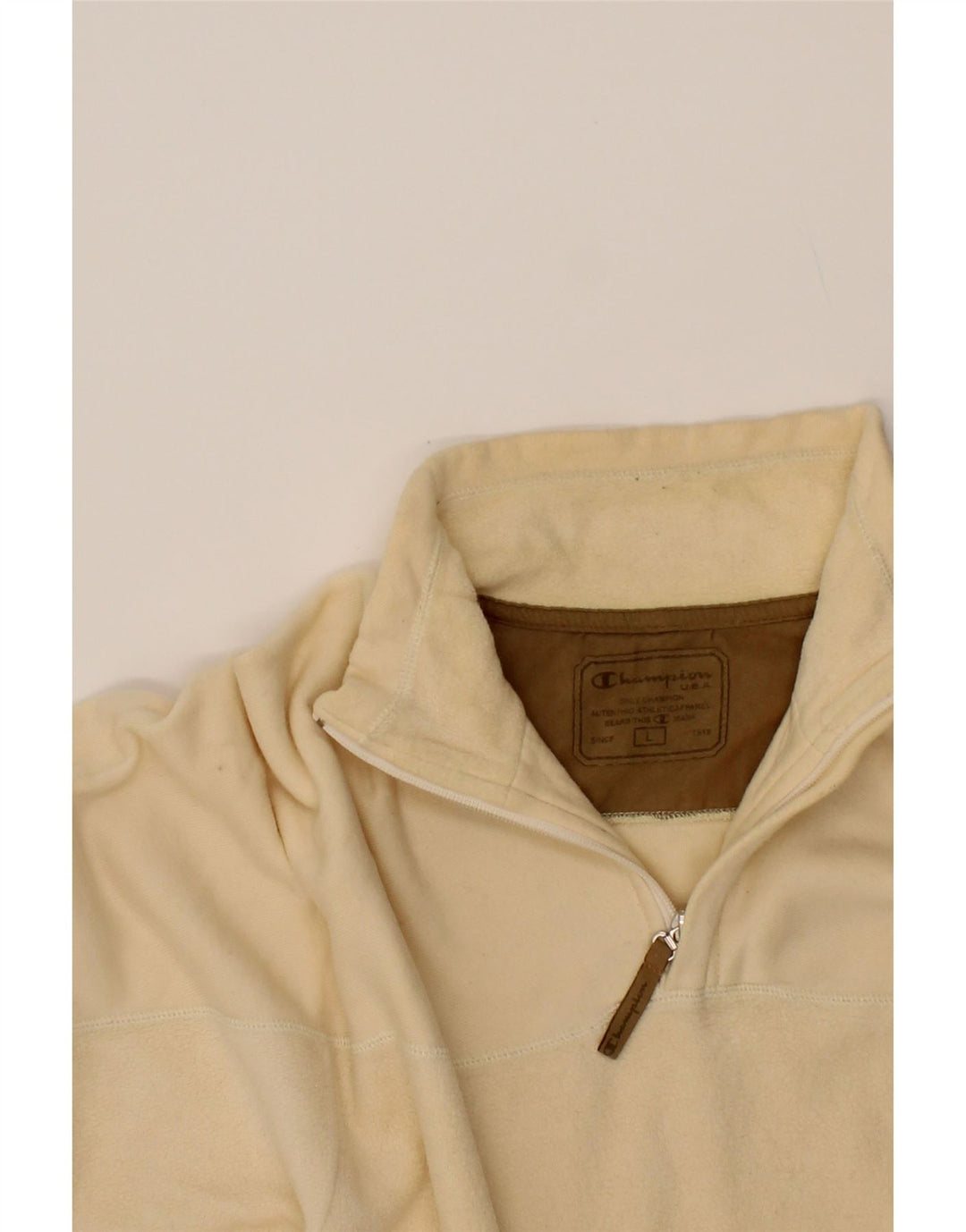 CHAMPION Mens Zip Neck Fleece Jumper Large Off White Cotton Vintage Champion and Second-Hand Champion from Messina Hembry 