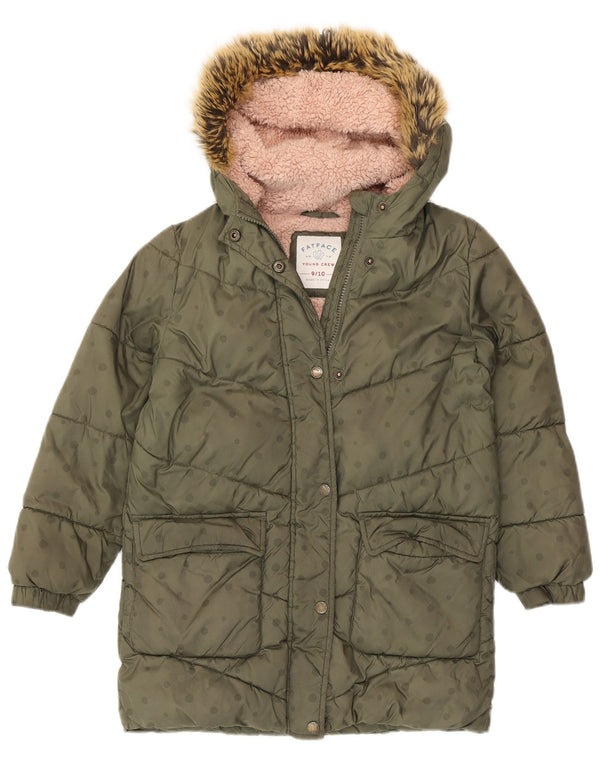 Wattierte Jacke mit Kapuze von Fat Face für Mädchen, 9–10 Jahre, khakifarbenes, gepunktetes Polyester