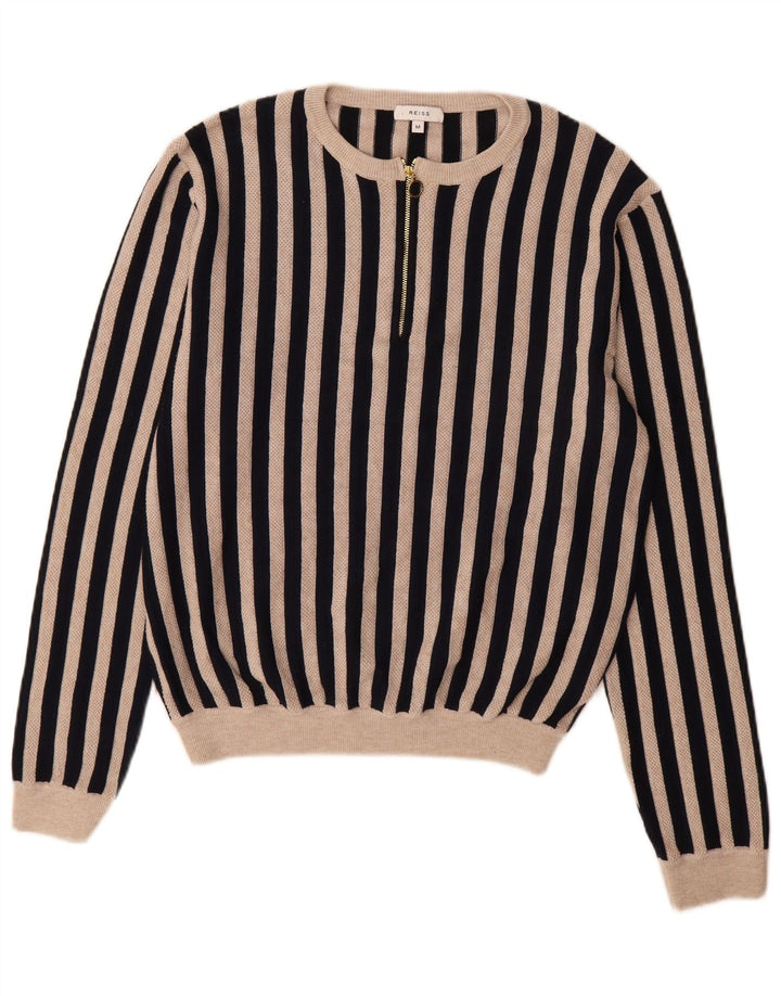 Reiss Damen-Pullover mit Reißverschluss am Hals, UK 14, mittelschwarz gestreift, Polyester