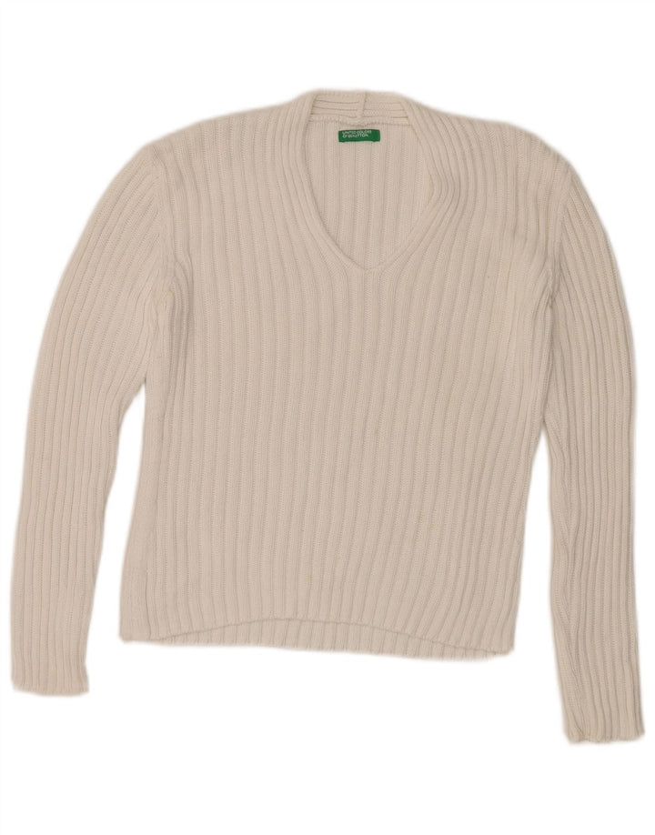 Benetton Damen-Pullover mit V-Ausschnitt, Gr. 10, Größe S, weiße Baumwolle