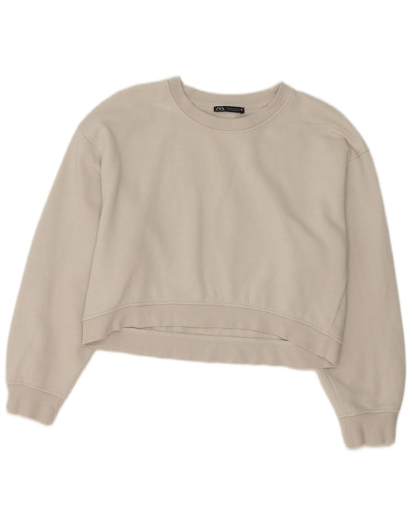Zara Damen Crop Sweatshirt Pullover UK 14 Medium Off White Cotton
