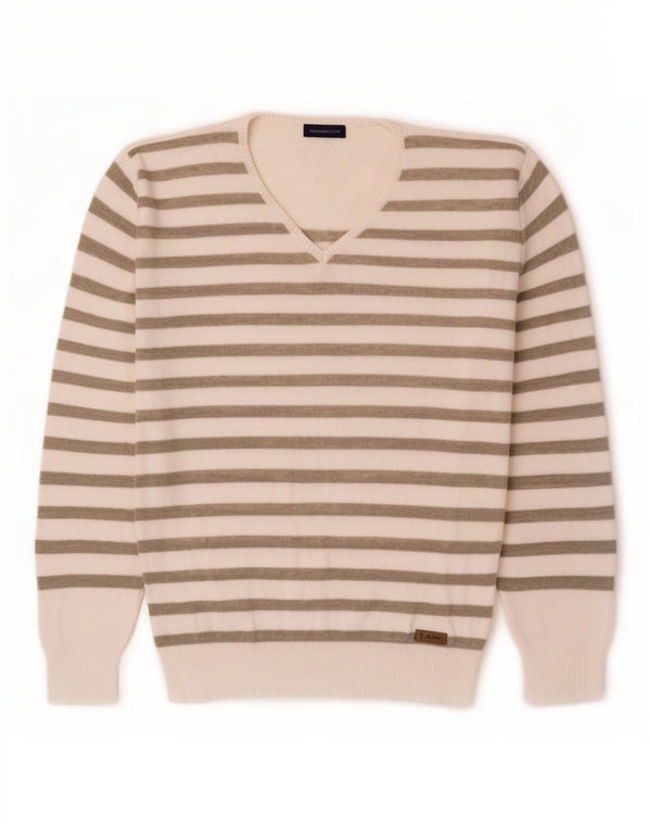 Trussardi Jeans Damen-Pullover mit V-Ausschnitt, Gr. 40, Größe L, weiß gestreift