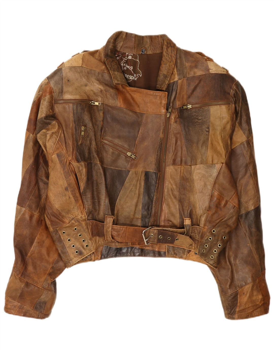 Vintage Damen Bomber Lederjacke UK 16 Großes braunes Patchwork