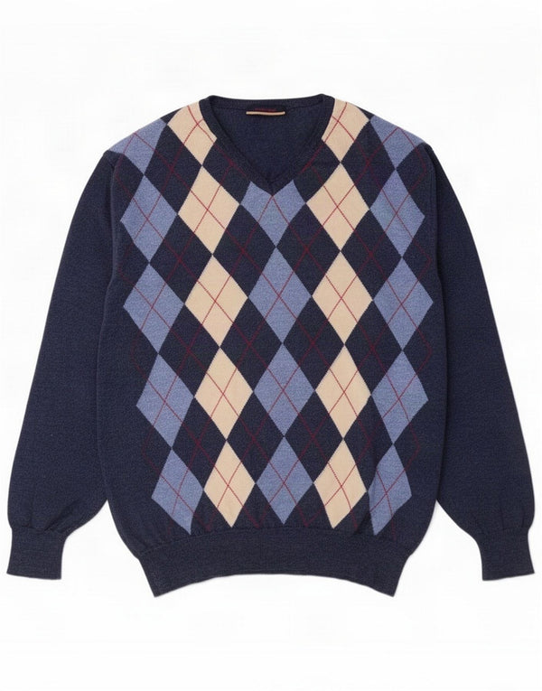 Vintage Mens V-Neck Jumper Sweater IT 54 XL Navy Blue Argyle/Diamond Wool