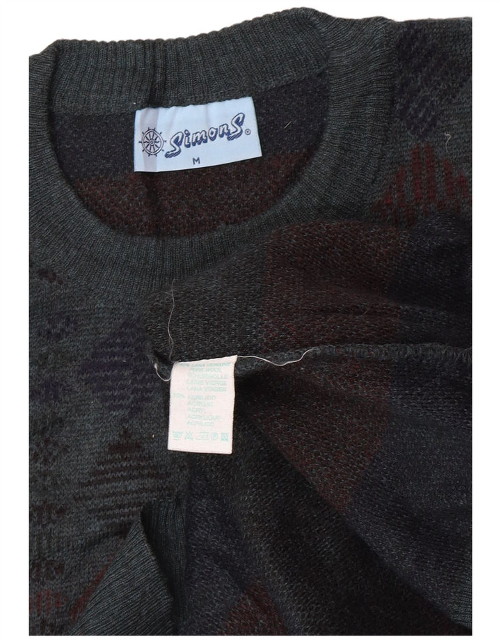 Vintage Herren-Pullover mit Rundhalsausschnitt, mittelblaue geometrische Schurwolle