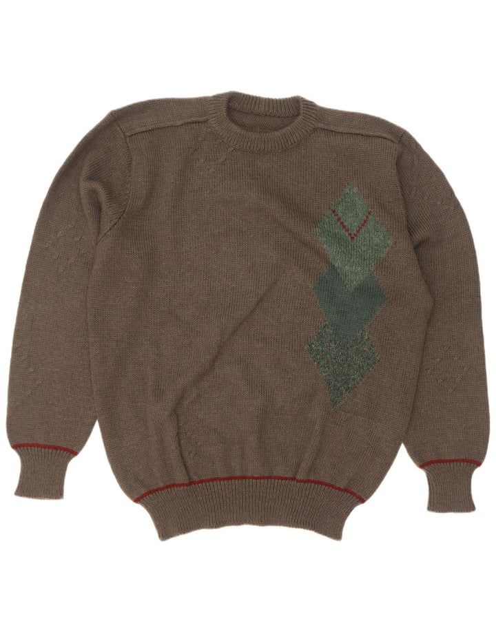 Vintage Herren Pullover mit Rundhalsausschnitt, groß, Khaki, Argyle/Diamant