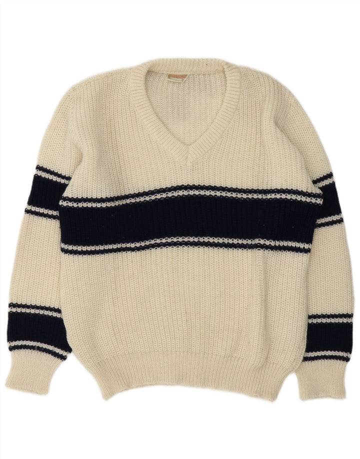Vintage Herren-Pullover mit V-Ausschnitt, groß, weiß, Farbblock