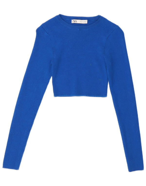 Zara Damen Crop Top Langarm UK 8 Small Blaue Viskose