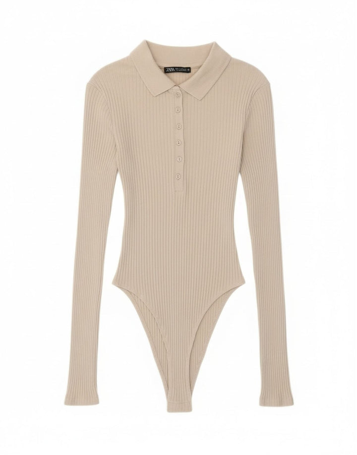 Langärmliger Damen-Body von Zara, Größe S, Beige, Baumwolle