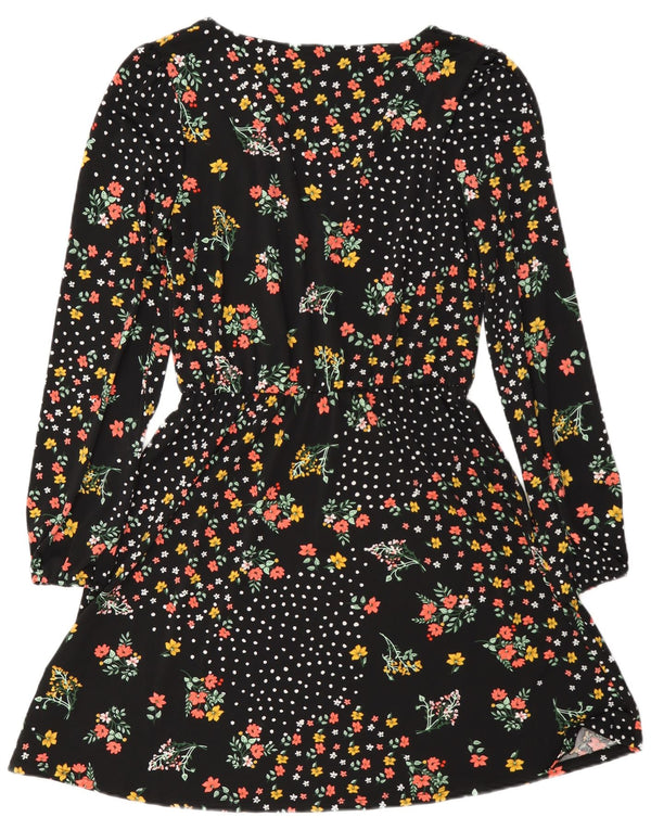 Oasis Damen Langarm-A-Linien-Kleid UK 6 XS Schwarz geblümtes Polyester