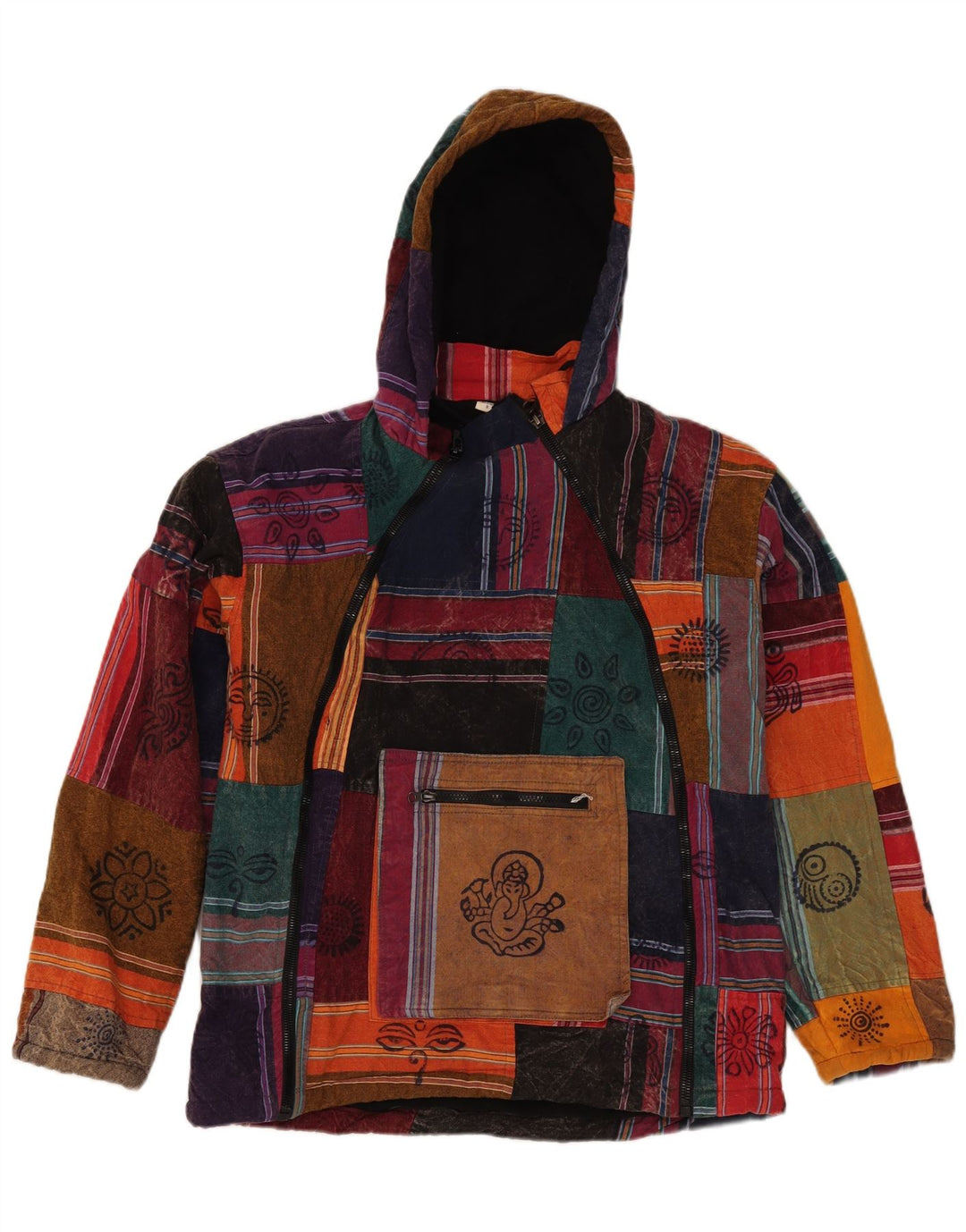 Vintage Herren-Anorakjacke mit Kapuze, Größe 36, klein, mehrfarbig, Patchwork-Aztekenmuster