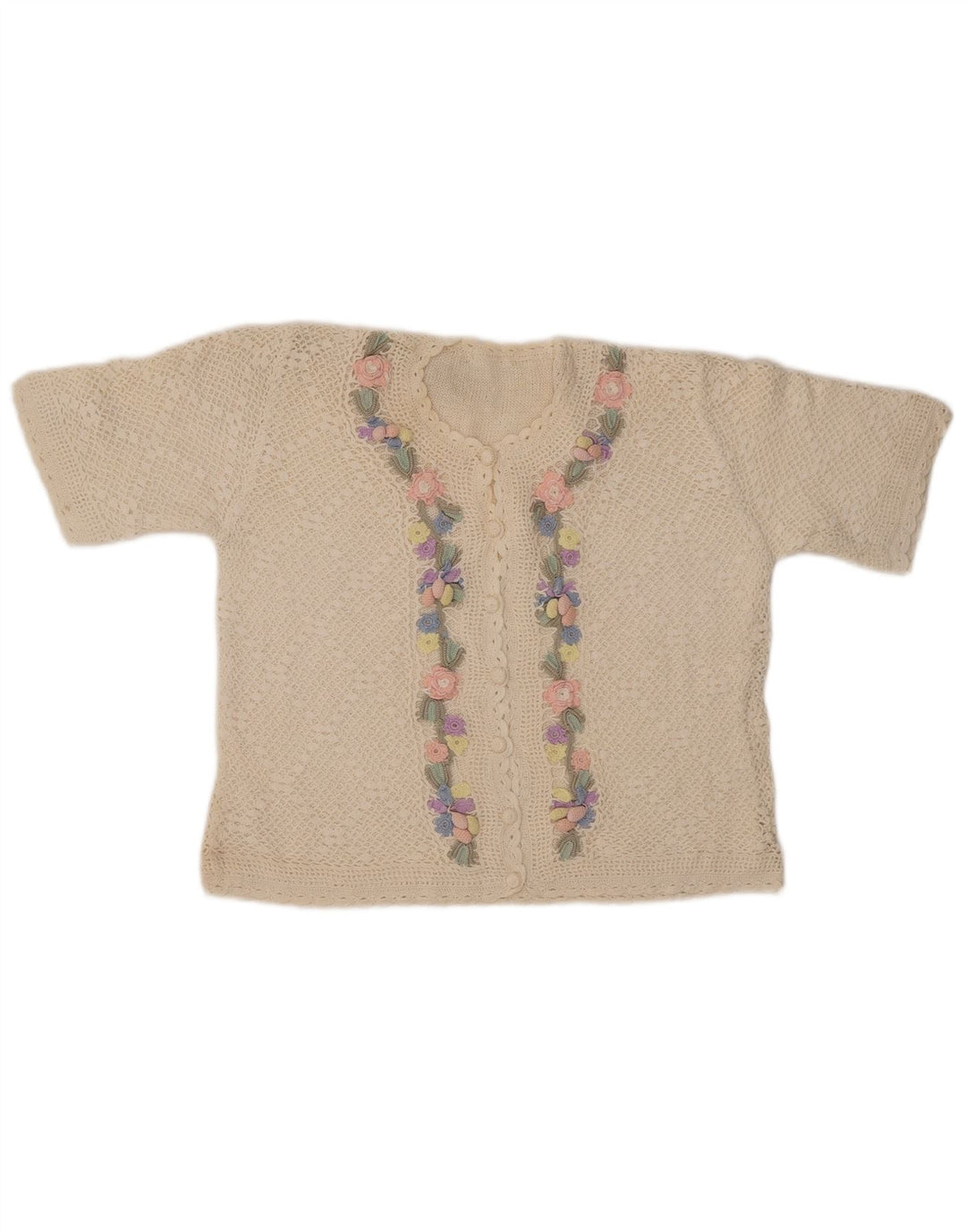 VINTAGE Damen Kurzarm-Cardigan-Pullover UK 14 Medium Off White Floral