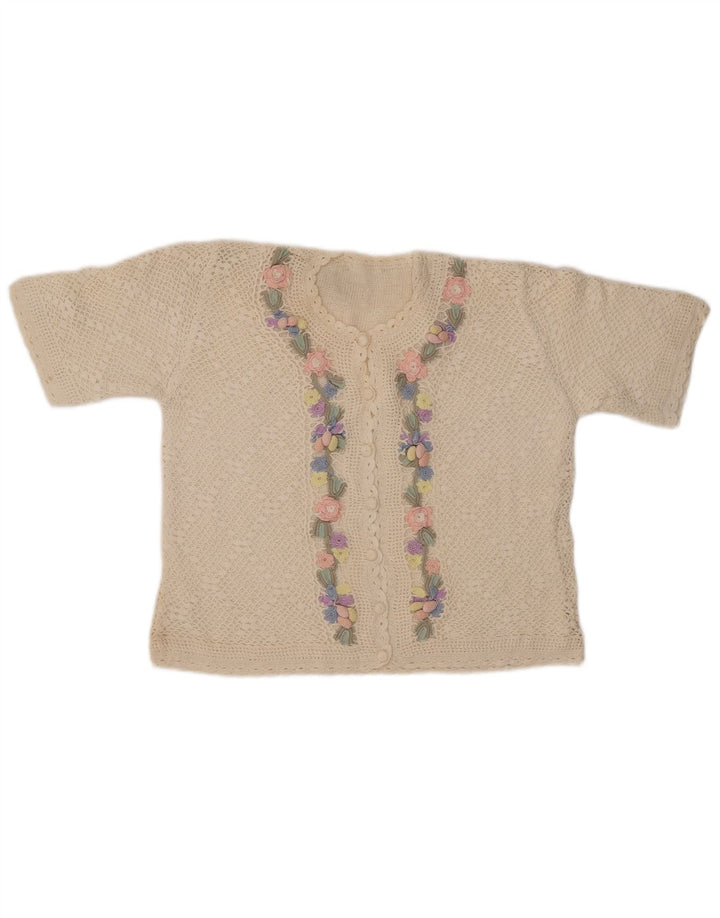 VINTAGE Damen Kurzarm-Cardigan-Pullover UK 14 Medium Off White Floral