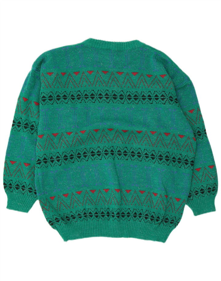 Vintage Herren Pullover mit Rundhalsausschnitt, mittelgrün, geometrisches Acryl