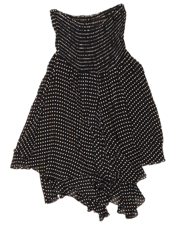 Vintage Damen Asymmetrisches trägerloses Kleid UK 18 XL Schwarz gepunktete Viskose