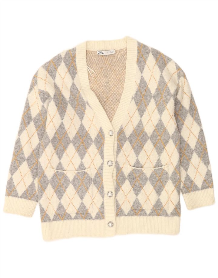 Zara Damen-Strickjacke in Übergröße, Gr. 10, Größe S, gebrochenes Weiß, Argyle/Diamond