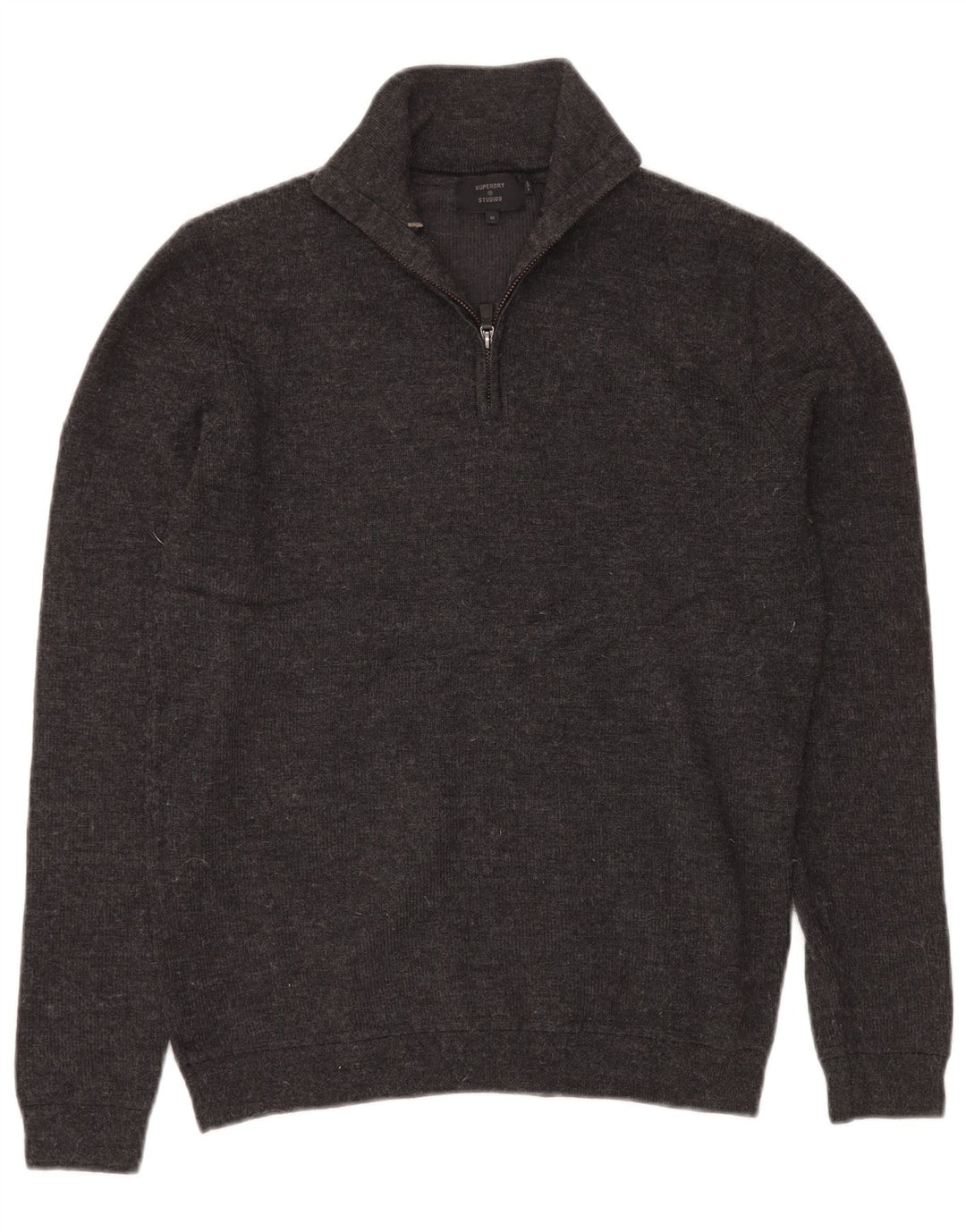 SUPERDRY Herren-Pullover mit Reißverschluss am Hals, mittelgraue Merinowolle