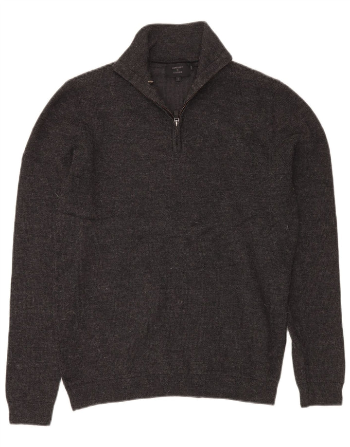 SUPERDRY Herren-Pullover mit Reißverschluss am Hals, mittelgraue Merinowolle