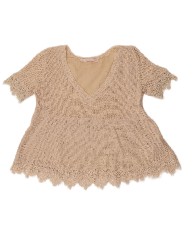 Zara Damen Trafaluc Crop Crochet Bluse Top UK 6 XS Beige Baumwolle