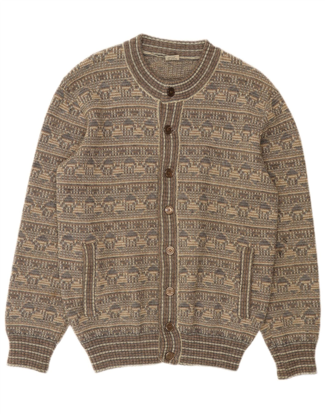 Vintage Herren Cardigan Pullover Mittelgrau Fair Isle Wolle