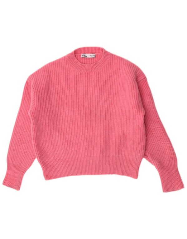 Zara Damen Crop Crew Neck Pullover Pullover UK 14 Mittelrosa Wolle