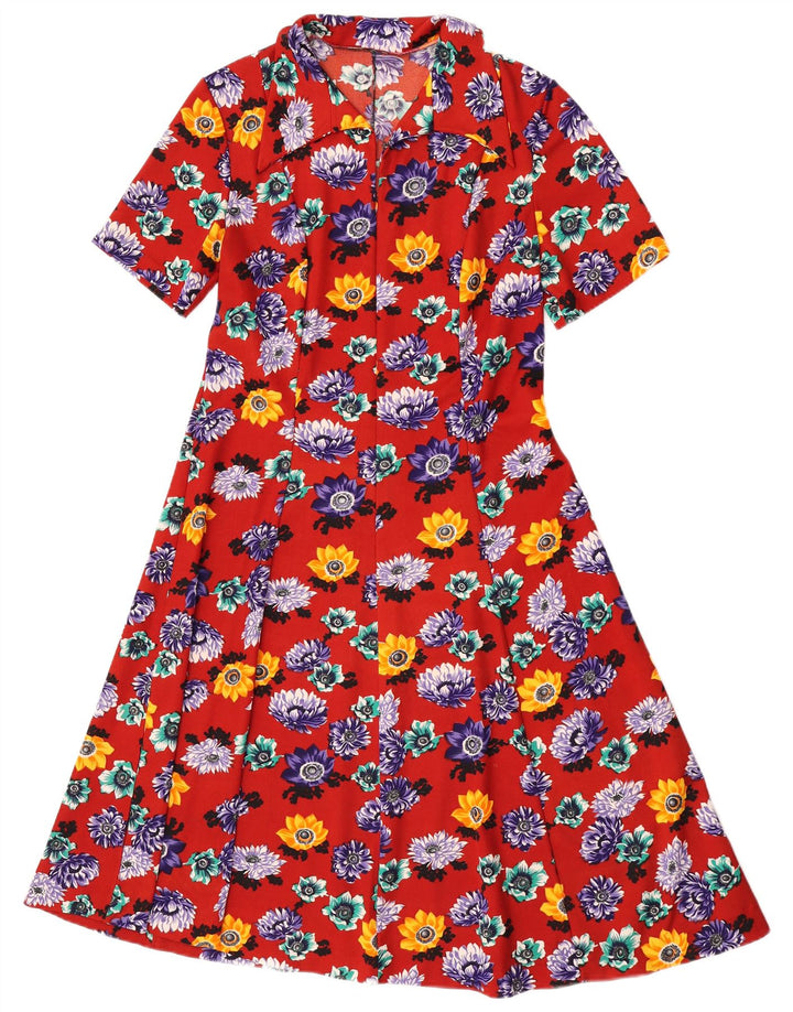 Vintage Damen A-Linie Kleid UK 14 Mittelrot geblümt