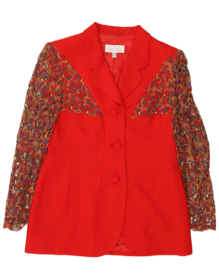 Prestige Damen-Blazerjacke mit 3 Knöpfen, UK 14, mittelrote geblümte Schurwolle