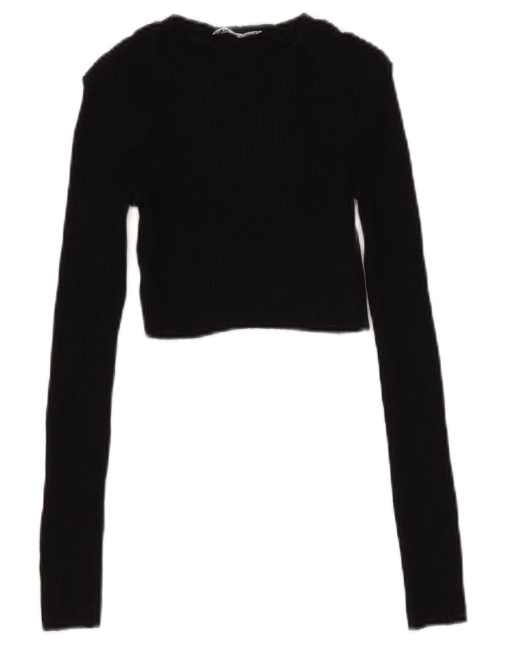 Zara Damen Crop Top Langarm UK 8 Small Schwarze Baumwolle