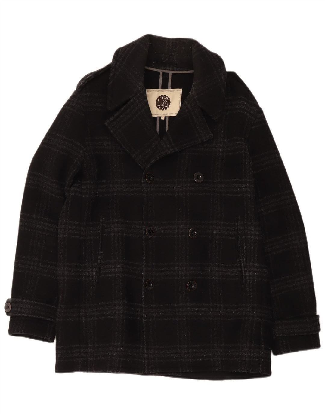 Pretty Green Herren Pea Coat UK 40 Große schwarz karierte Wolle