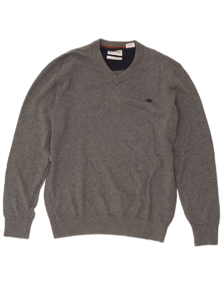 Timberland Herren-Pullover mit V-Ausschnitt, Größe S, graue Baumwolle