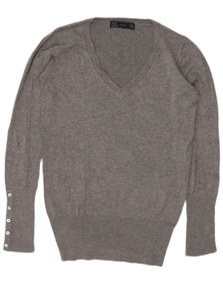 Zara Damen-Pullover mit V-Ausschnitt, UK 12, mittelgraues Viskose