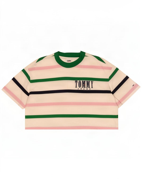 Tommy Hilfiger Damen Crop Graphic T-Shirt Top UK 18 XL Weiß gestreift