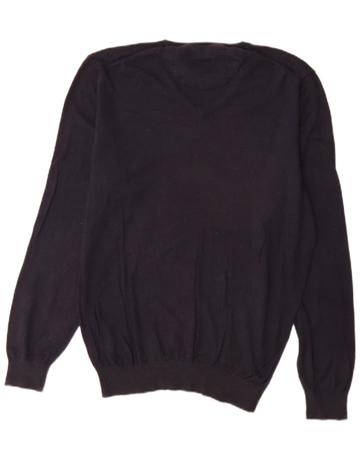 Massimo Dutti Herren-Pullover mit V-Ausschnitt, groß, marineblaue Baumwolle